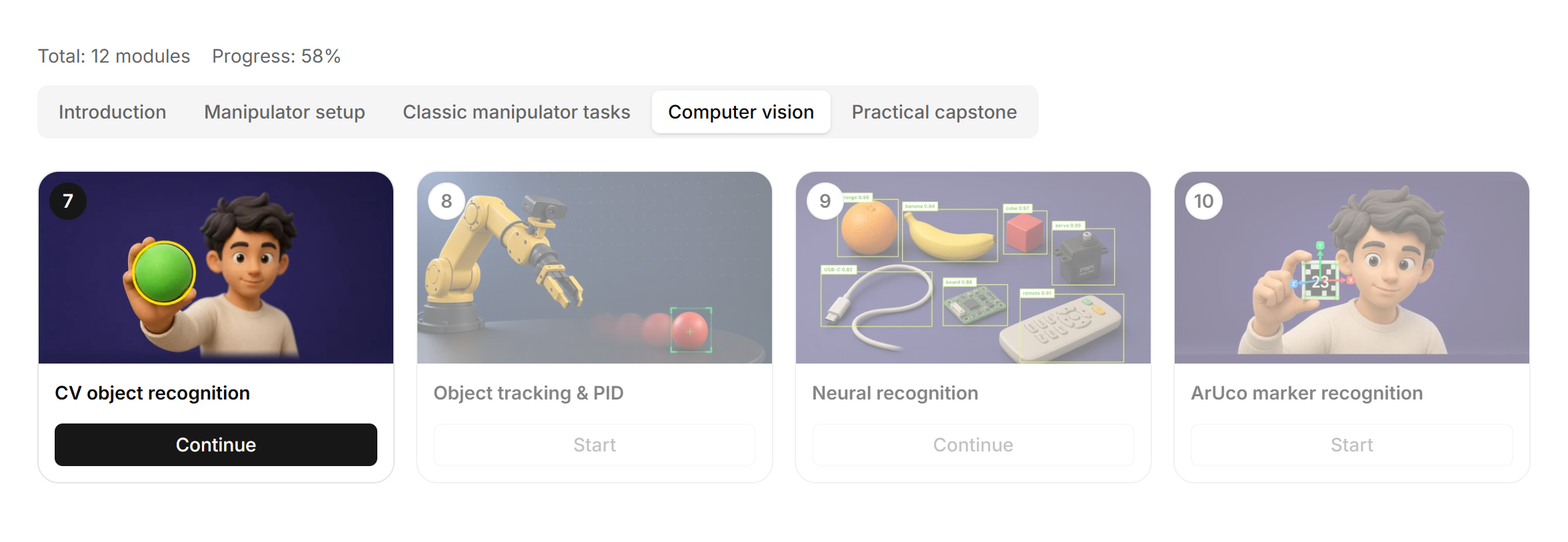 Das Dashboard von Robonine Lab mit Gesamtfortschritt, Modul-Tabs und Modulkarten