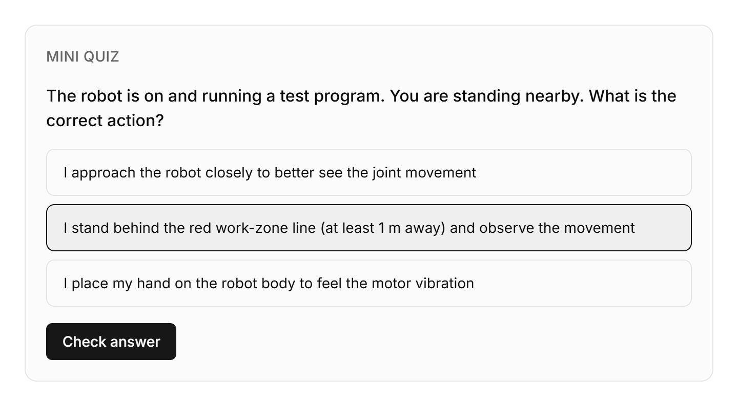 A safety checkpoint question from Module 0 with shuffled answer options