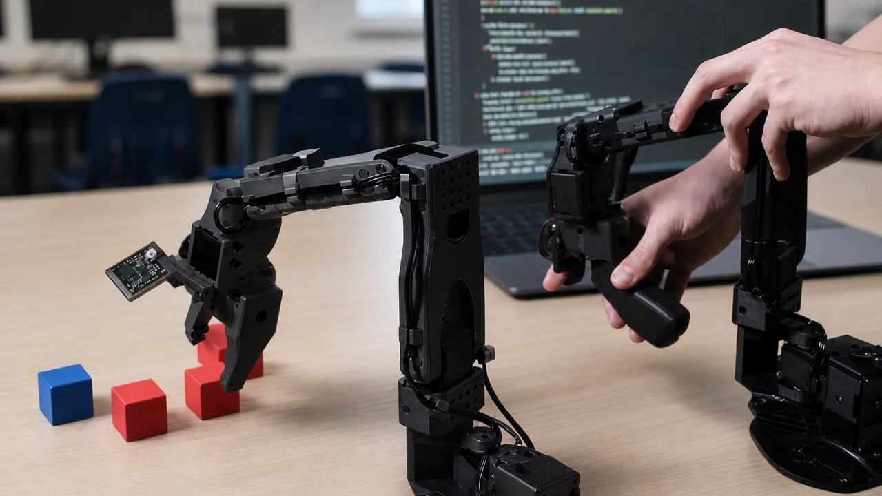 A pair of SO-ARM101 robot arms on a classroom desk — a hand drives the leader arm while the follower mirrors it