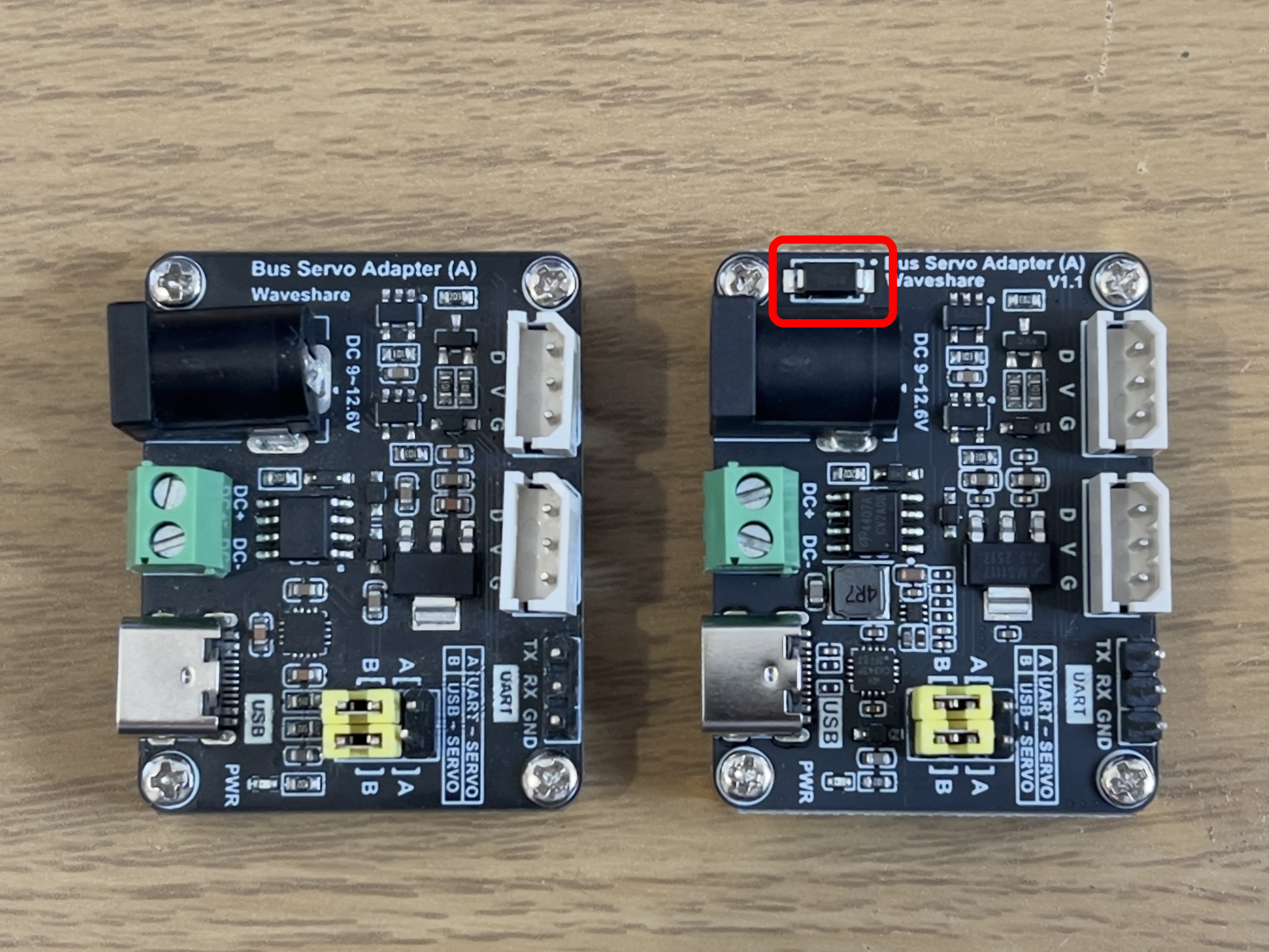 Waveshare Driver Board revisions — v1.0 vs v1.1 with TVS diode highlighted