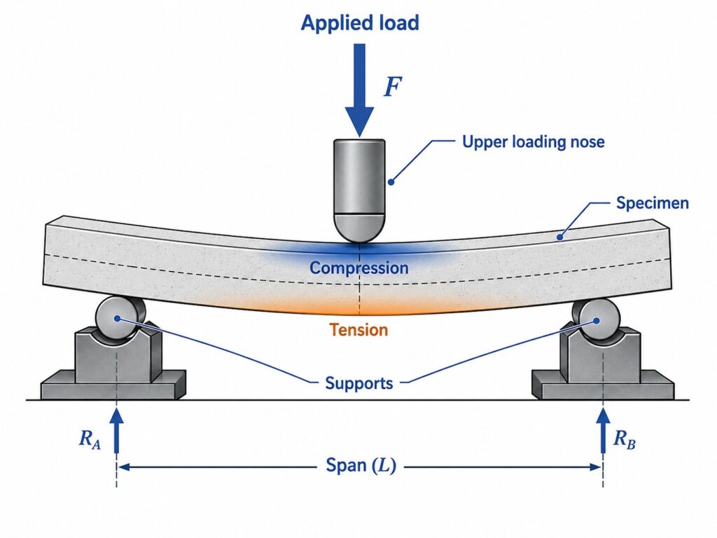Diagram of a three-point bending test: a specimen on two supports loaded at the center, showing compression and tension zones and the span L