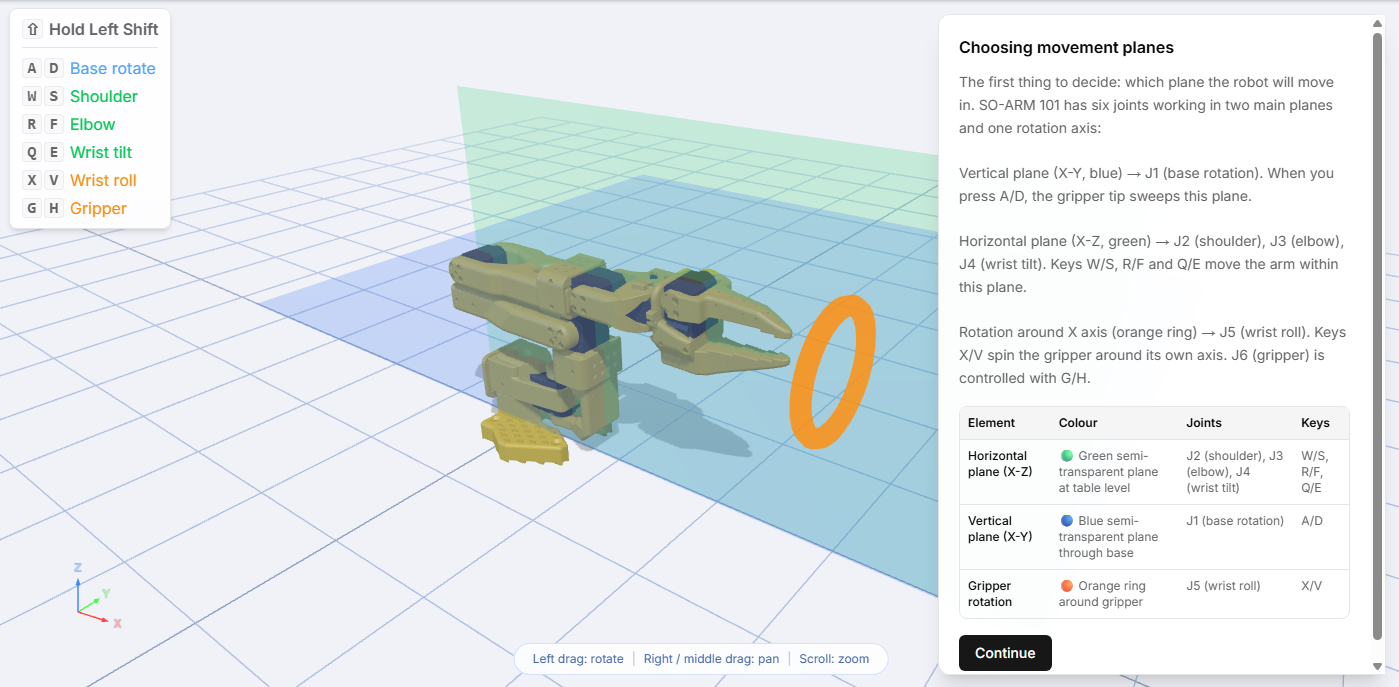 Урок в Robonine Lab: рука в живом 3D-виде и рядом объяснение плоскостей движения